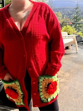 Upcycled Vintage Spunky Brand Oversized Cardigan Sweater Granny Square Pocket